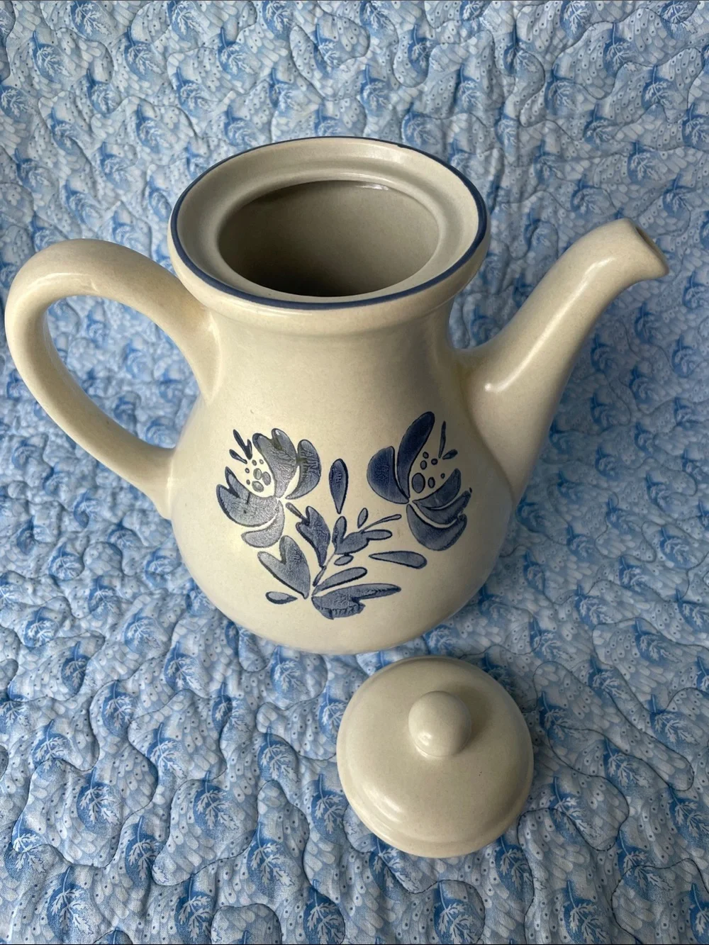 Pfaltzgraff Cream Ceramic Teapot with Blue Floral Motif